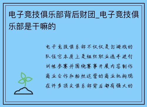电子竞技俱乐部背后财团_电子竞技俱乐部是干嘛的